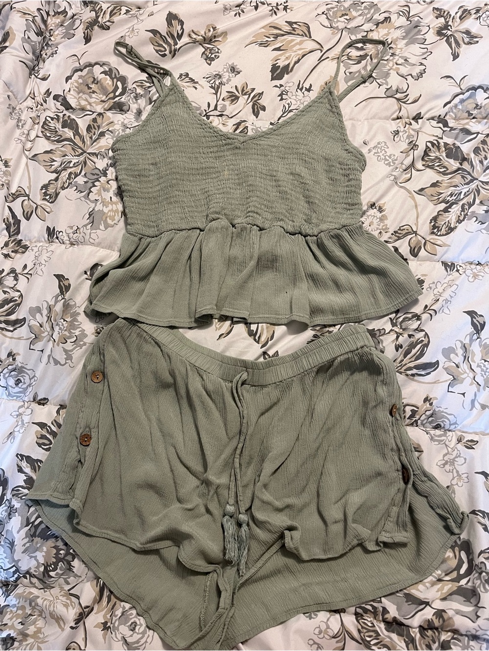 Salty Lemon Olive Green Peplum Tank Top & Shorts